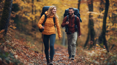 Hiking couple with backpacks hiking in autumn forest. Travel and adventure concept.の写真素材