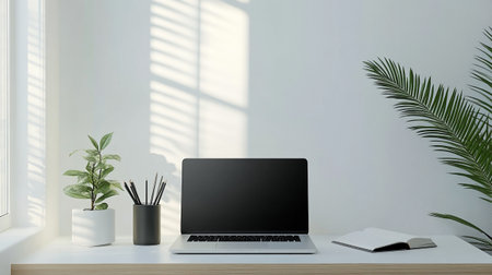 Laptop on table in white room with green plant. 3D rendering