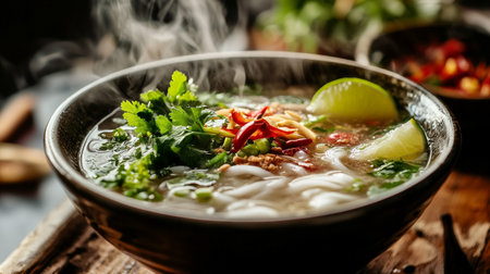 Vietnamese Noodle Soup with Tom Yum Goong on dark backgroundの写真素材