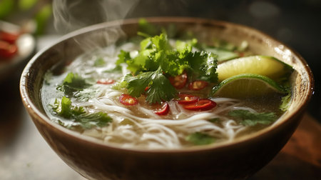 Vietnamese soup pho with noodles and vegetables, closeup