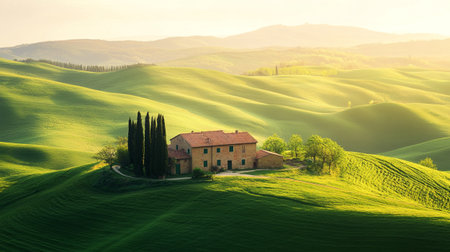 Tuscany landscape with cypresses and farmhouse, Italyの写真素材