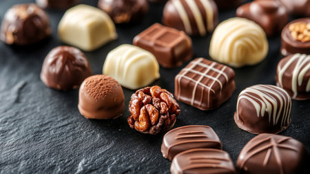 Variety of chocolate candies on black stone background, closeup