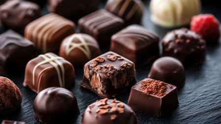 Variety of delicious chocolate candies on dark background, closeup