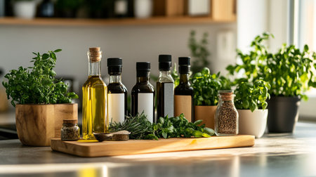 Olive oil, herbs and spices in wooden containers on kitchen countertop