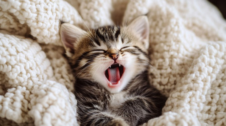 Cute tabby kitten yawning on white knitted blanket.の写真素材
