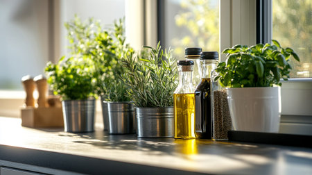 Fresh herbs and olive oil on the windowsill in the kitchen.の写真素材