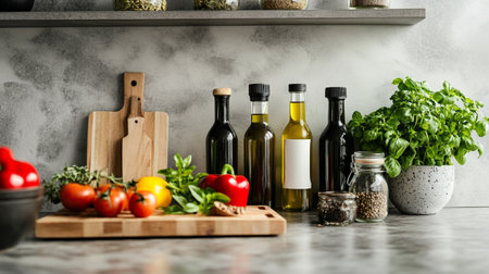 Different types of olive oil in bottles on kitchen countertop, copy spaceの写真素材