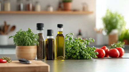 Bottles with different spices and herbs on table in kitchen, closeupの写真素材