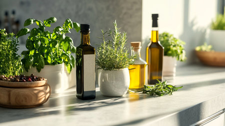 Bottles of olive oil and herbs on table in kitchen, closeupの写真素材