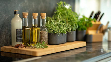 Set of herbs and olive oil in bottles on countertop in kitchenの写真素材