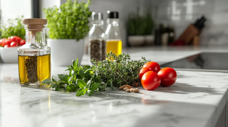 Fresh herbs and spicesle countertop in kitchen, closeupの写真素材