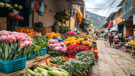 Colorful flowers and fruits on the street market in Kathmandu, Nepalの写真素材