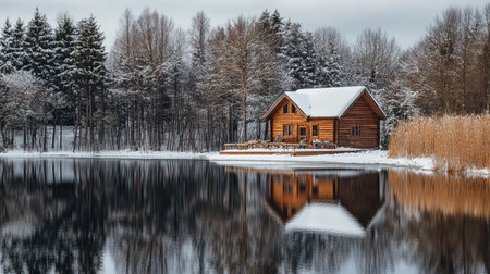 Wooden house on the bank of the lake. Winter landscape.の写真素材