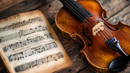 violin and sheet music on a wooden background, close-up