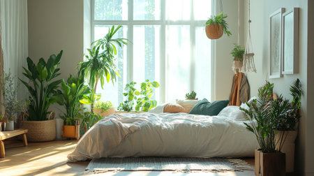 Interior of modern bedroom with plants and window. 3d renderの写真素材