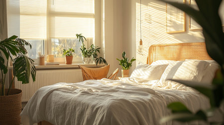 Comfortable bed with pillows and green plants in room. Interior designの写真素材