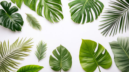 Tropical leaves on white background. Flat lay, top view