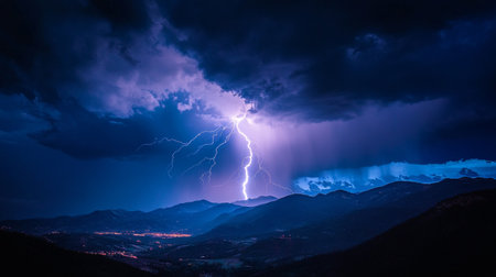 Lightning strike in mountains at night. Thunderstorm over the mountainsの写真素材