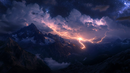 Fantastic starry night in the mountains. Dramatic sky with stars and lightning.