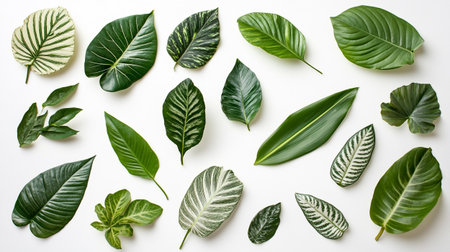 Tropical leaves on white background. Flat lay, top view