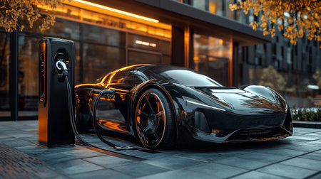 Black sports car with charging station on the street. 3d rendering