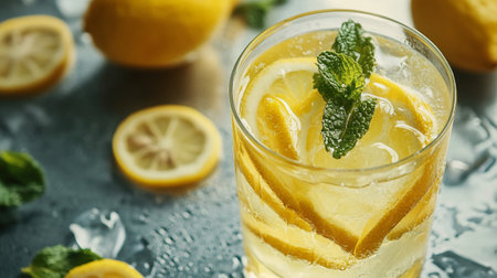Glass of lemonade with ice and mint on table, closeup