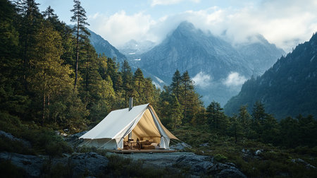 Tent in the mountains. Camping in the mountains. Beautiful summer landscape.