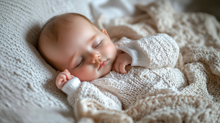 Cute newborn baby boy sleeping on a white knitted blanket.