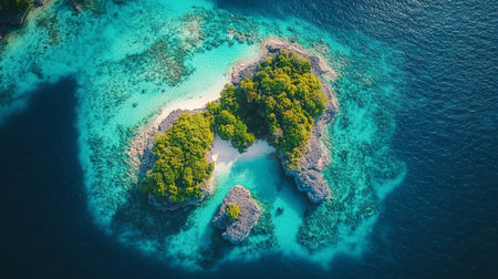 Aerial view of beautiful tropical island with turquoise water and coral reef