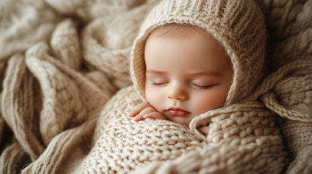 Cute little baby in knitted hat sleeping on bed, closeup