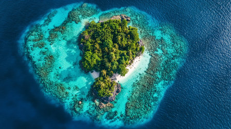 Aerial view of a small island in the sea. The island is surrounded by coral reef.