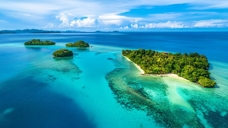 Aerial view of beautiful tropical island with coral reef and turquoise sea