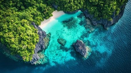 Aerial view of beautiful tropical island with turquoise water.の写真素材