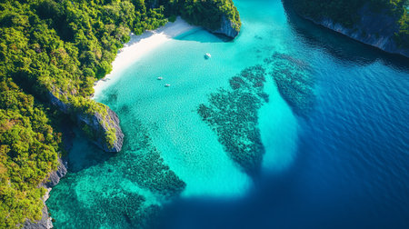 Aerial view of beautiful island with turquoise water and white sand