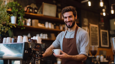 Portrait of smiling barista holding cup of coffee in coffee shopのeditorial素材