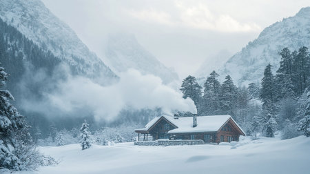 Foggy winter landscape in the Dolomites, Italy.