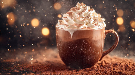 Hot chocolate with whipped cream and cocoa powder on a dark background.