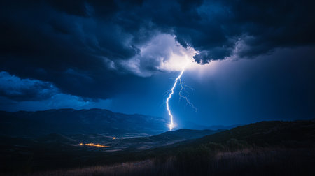 Lightning strike in the mountains at night. Thunderstorm in the mountains.の写真素材