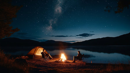 Camping on the shore of a lake at night under the stars.の写真素材