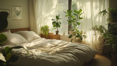 Interior of a bedroom with a large window, plants and a bedの写真素材
