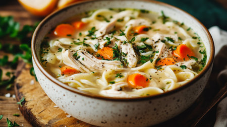 Chicken soup with noodles and vegetables on a wooden background. toning. selective focusの写真素材