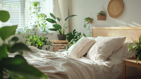 Interior of modern bedroom with white bedding and green plants.