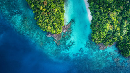 Aerial view of turquoise sea and coral reef in Seychelles