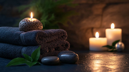 Spa still life with towels, candles and stones on dark background