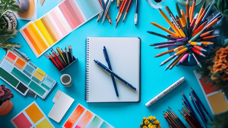 Top view of artist's workplace with colorful pencils and notebook on blue background