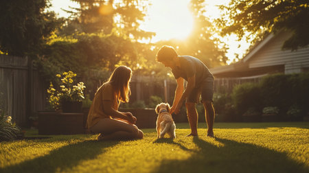 Young couple playing with their dog in the garden at sunset time.