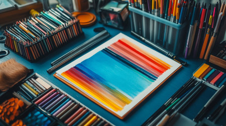 Close-up of colorful pencils and paint brushes on blue backgroundの写真素材