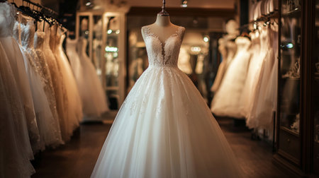 Wedding dresses on hangers in the store. Wedding dressの写真素材