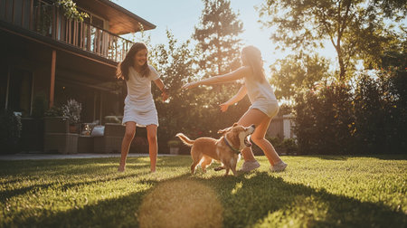 Two young women playing with a dog in the backyard of their houseの写真素材