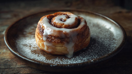 Cinnamon rolls on a plate on a wooden table. Selective focus.の写真素材